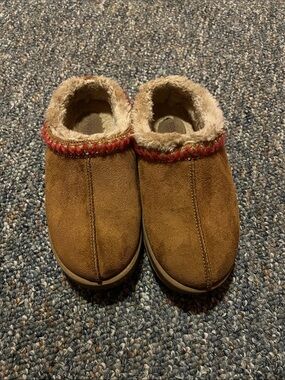 Sonoma Brown Faux Fur-Lined Kids Moccasin Slippers with Red Trim